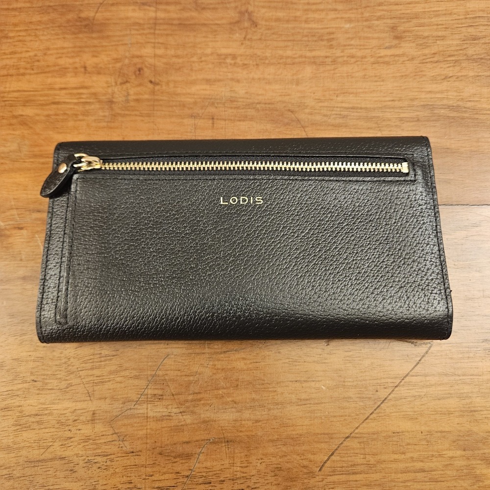 Lodis Black Leather Women's Wallet Trifold RFID Credit Card Check Book Coin Zip